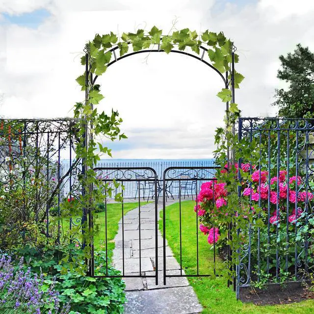 Alt view image 2 of 6 - 84" Garden Arch Arbor with Gate, Metal Arch Trellis, Garden Archway for Climbing Vines, Wedding Ceremony Decoration, Flourishes & Arrow Tips, Black