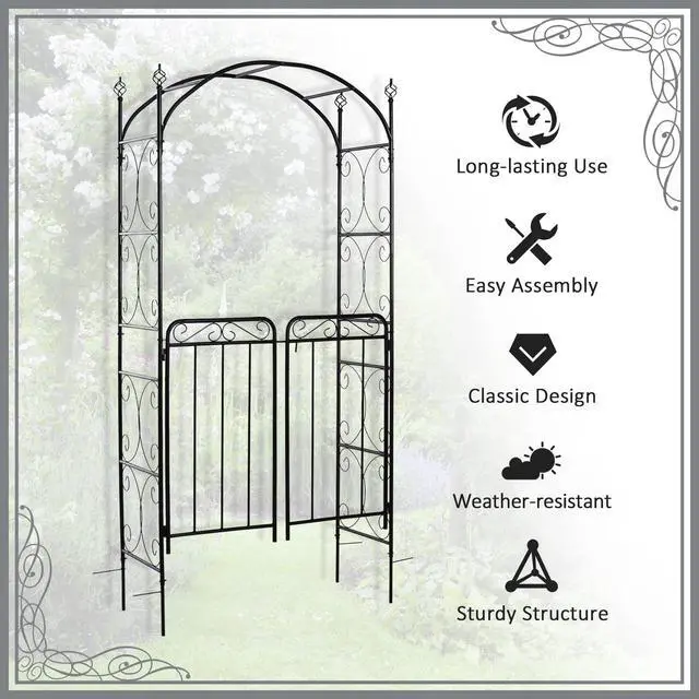 Alt view image 3 of 6 - 84" Garden Arch Arbor with Gate, Metal Arch Trellis, Garden Archway for Climbing Vines, Wedding Ceremony Decoration, Flourishes & Arrow Tips, Black
