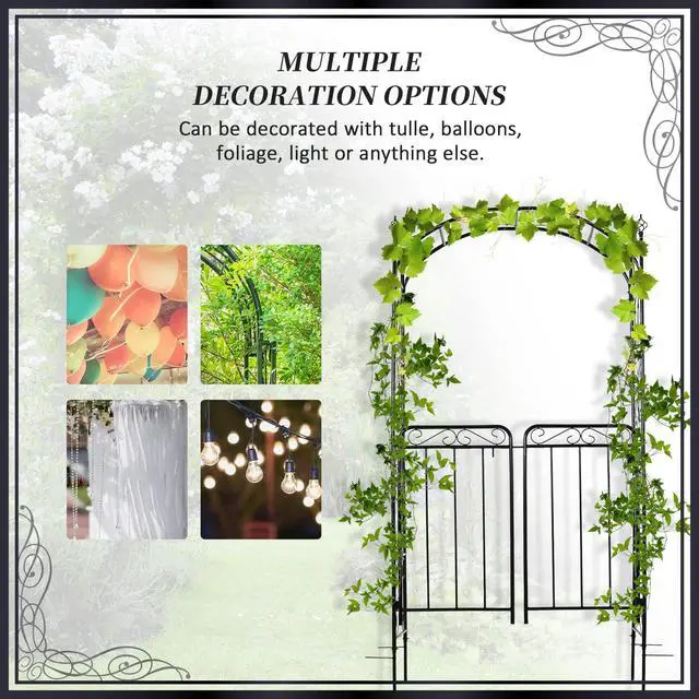 Alt view image 4 of 6 - 84" Garden Arch Arbor with Gate, Metal Arch Trellis, Garden Archway for Climbing Vines, Wedding Ceremony Decoration, Flourishes & Arrow Tips, Black
