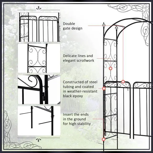 Alt view image 5 of 6 - 84" Garden Arch Arbor with Gate, Metal Arch Trellis, Garden Archway for Climbing Vines, Wedding Ceremony Decoration, Flourishes & Arrow Tips, Black
