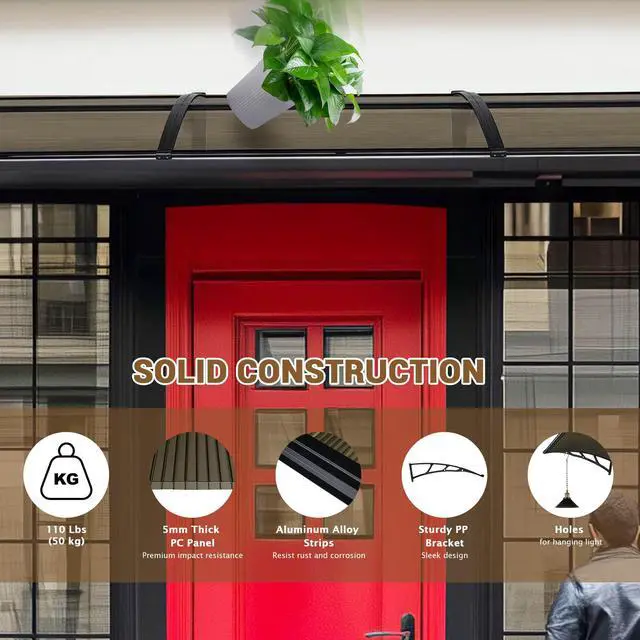 Alt view image 5 of 6 - 30"x120" Window Awning Door Canopy Spliced Polycarbonate Anti-UV30+ Cover Front Door Outdoor Rain Snow Sunlight Protection Hollow Sheet Patio Yard Door Brown Board