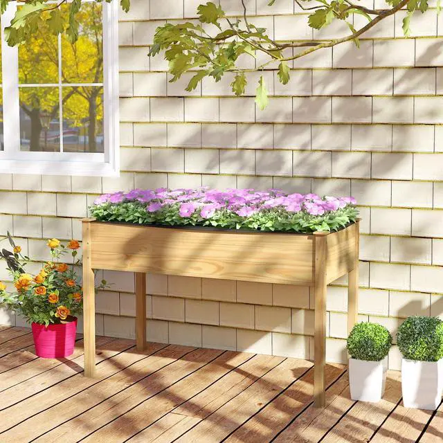Alt view image 2 of 6 - Raised Garden Bed, Elevated Wood Planter Box with Liner, 47"x23"x30" Freestanding Raised Bed for Indoor Outdoor Plants, Vegetables Flower Herbs Fruit Gardening