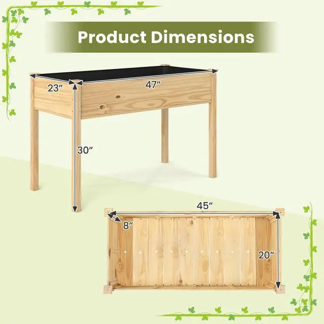 Alt view image 3 of 6 - Raised Garden Bed, Elevated Wood Planter Box with Liner, 47"x23"x30" Freestanding Raised Bed for Indoor Outdoor Plants, Vegetables Flower Herbs Fruit Gardening