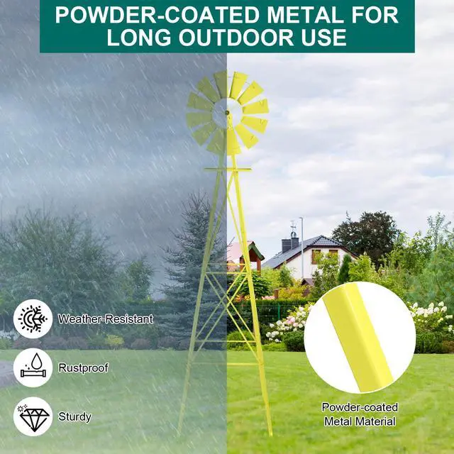 Alt view image 3 of 6 - 8FT Ornamental Windmill Backyard Garden Decoration Weather Vane, Heavy Duty Metal Wind Mill w/ 4 Legs Design (Yellow)