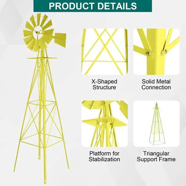 Alt view image 5 of 6 - 8FT Ornamental Windmill Backyard Garden Decoration Weather Vane, Heavy Duty Metal Wind Mill w/ 4 Legs Design (Yellow)