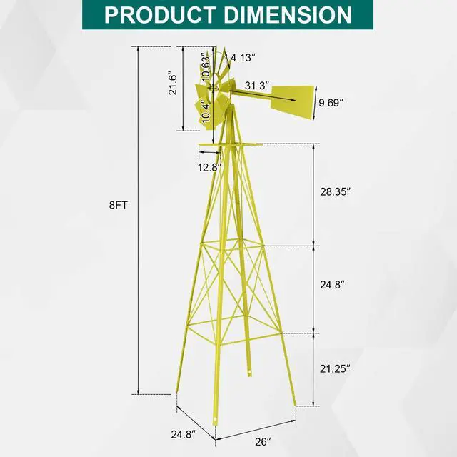 Alt view image 6 of 6 - 8FT Ornamental Windmill Backyard Garden Decoration Weather Vane, Heavy Duty Metal Wind Mill w/ 4 Legs Design (Yellow)