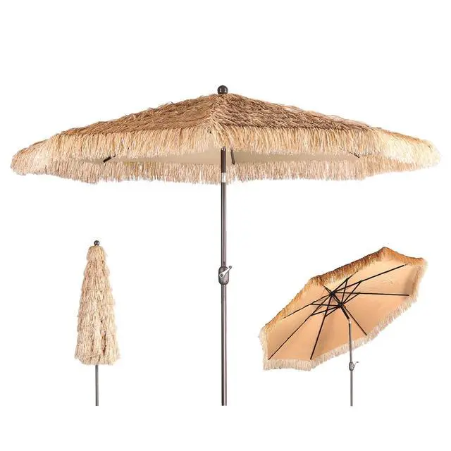 Alt view image 2 of 6 - 10FT Thatch Patio Umbrella, Tiki Style Outdoor Umbrella with Crank Lift for Poolside, Backyard, Beach - Natural Straw Look (No Base)