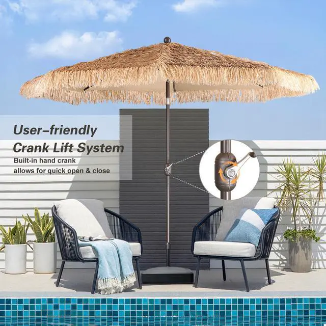 Alt view image 6 of 6 - 10FT Thatch Patio Umbrella, Tiki Style Outdoor Umbrella with Crank Lift for Poolside, Backyard, Beach - Natural Straw Look (No Base)
