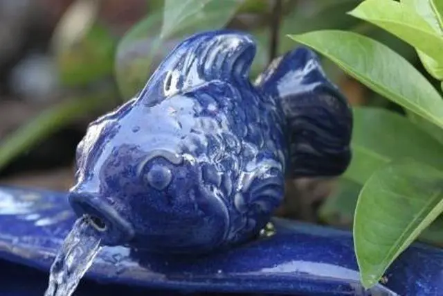 Alt view image 2 of 3 - 21372R01 Ceramic Solar Koi Fountain, Blue Glazed Finish, Powered by an Included Solar Panel that Operates an Integral Low Voltage Pump With Filter