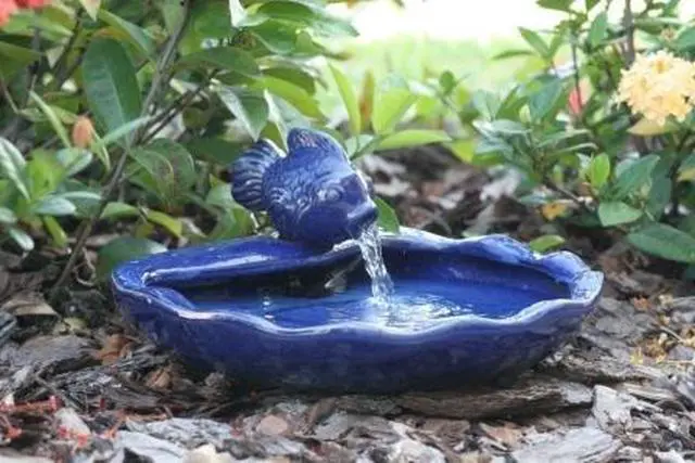 Alt view image 3 of 3 - 21372R01 Ceramic Solar Koi Fountain, Blue Glazed Finish, Powered by an Included Solar Panel that Operates an Integral Low Voltage Pump With Filter