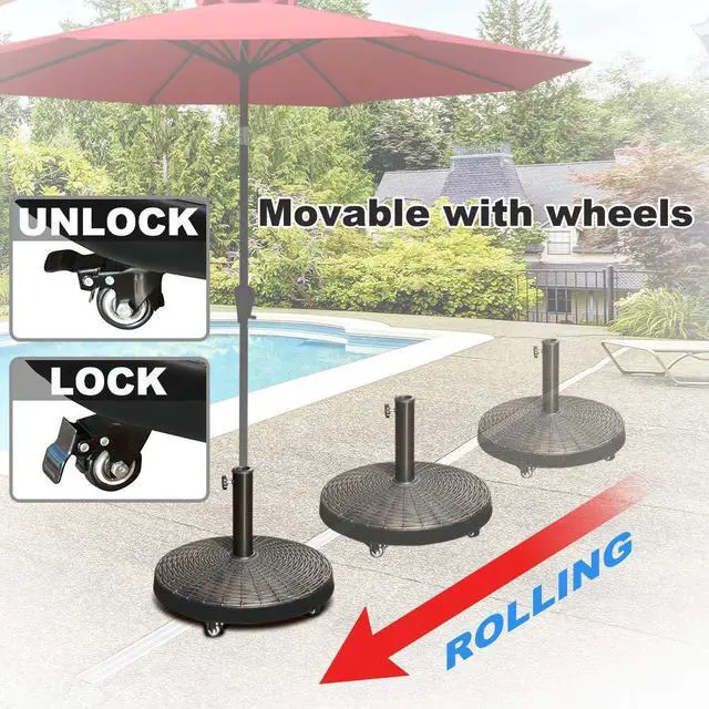 Alt view image 3 of 6 - Patio Umbrella Base, Heavy-Duty Stand Resin Weights with Wheels for Outdoor Market Umbrella, 52lbs, Bronze
