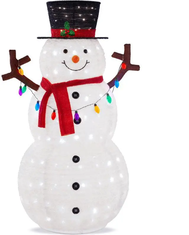 Main image of 3ft Lighted Pop-Up Snowman, Large White Outdoor Christmas Holiday Decoration w/ 100 LED Lights, Hat, Scarf, Multicolored Lights