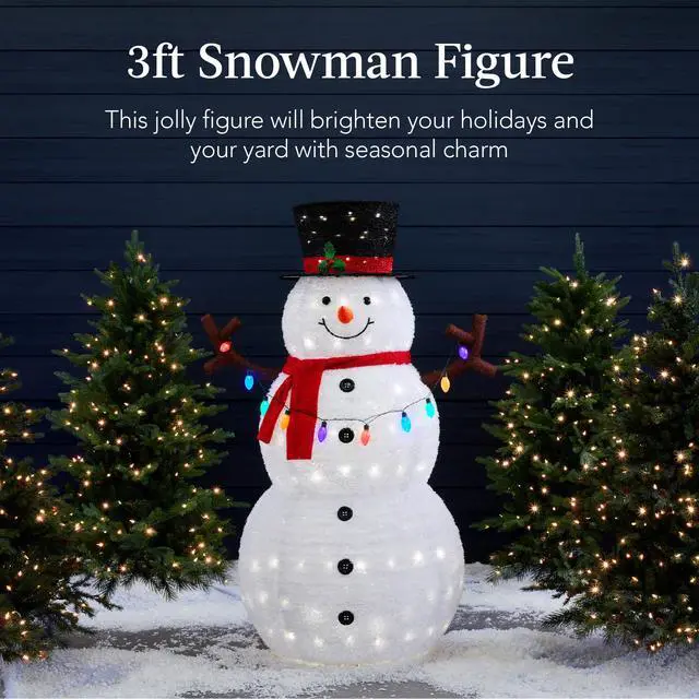 Alt view image 3 of 6 - 3ft Lighted Pop-Up Snowman, Large White Outdoor Christmas Holiday Decoration w/ 100 LED Lights, Hat, Scarf, Multicolored Lights