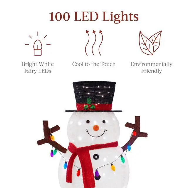 Alt view image 4 of 6 - 3ft Lighted Pop-Up Snowman, Large White Outdoor Christmas Holiday Decoration w/ 100 LED Lights, Hat, Scarf, Multicolored Lights