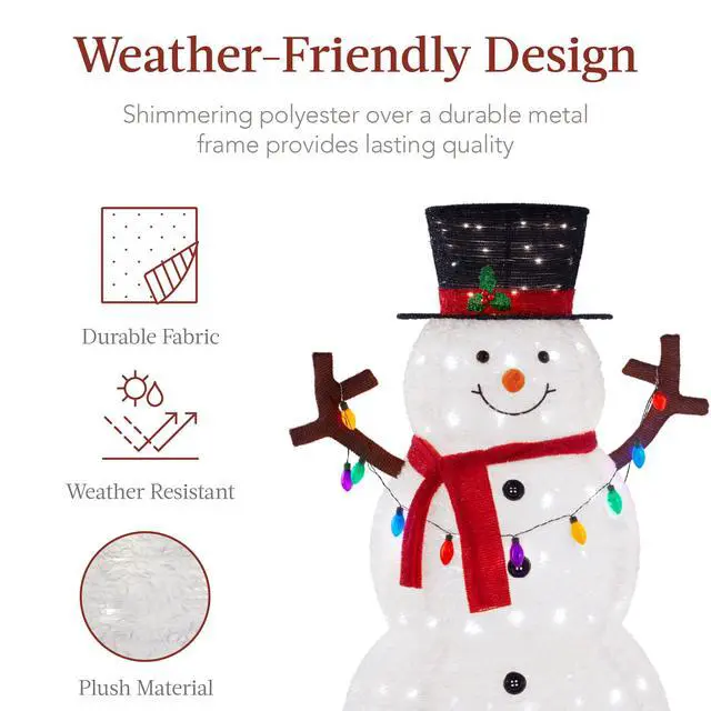 Alt view image 6 of 6 - 3ft Lighted Pop-Up Snowman, Large White Outdoor Christmas Holiday Decoration w/ 100 LED Lights, Hat, Scarf, Multicolored Lights