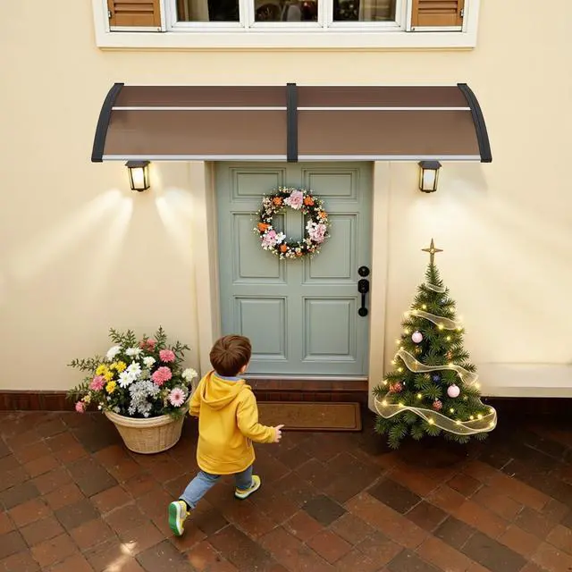 Alt view image 2 of 6 - 39.8 inch Window Awning Outdoor Polycarbonate Hollow Sheet Door Patio Canopy (40''x40'', Dark Brown Panels with Black Bracket)