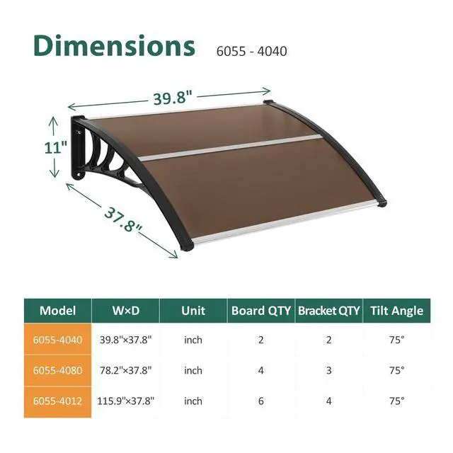 Alt view image 4 of 6 - 39.8 inch Window Awning Outdoor Polycarbonate Hollow Sheet Door Patio Canopy (40''x40'', Dark Brown Panels with Black Bracket)