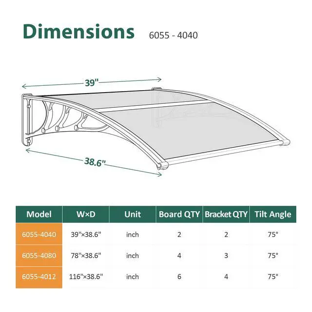 Alt view image 4 of 6 - 39 inch Window Awning Outdoor Polycarbonate Hollow Sheet Door Patio Canopy (40''x40'',White Panels with Silver Bracket)