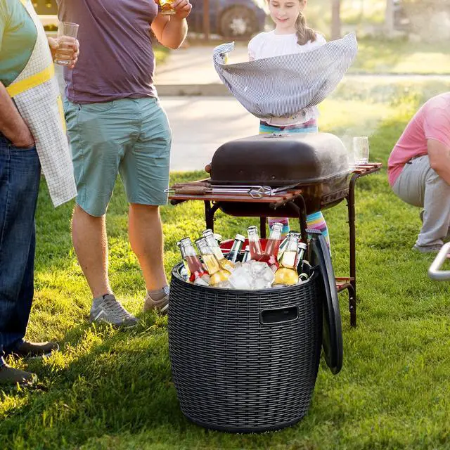 Alt view image 2 of 6 - 9.5 Gal Cooler Bar Table, Patio Wicker Ice Cool Bar Table, Outdoor Rattan Bar Table with Ice Bucket, Ice Bucket with Side Handles & Lid, Beer & Wine Cooler for Party, Poolside, Deck, Yard