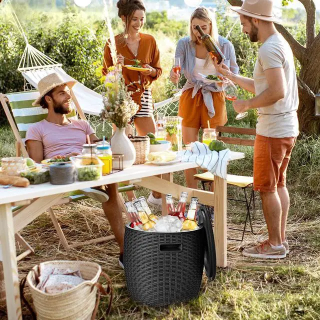Alt view image 3 of 6 - 9.5 Gal Cooler Bar Table, Patio Wicker Ice Cool Bar Table, Outdoor Rattan Bar Table with Ice Bucket, Ice Bucket with Side Handles & Lid, Beer & Wine Cooler for Party, Poolside, Deck, Yard