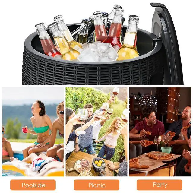 Alt view image 6 of 6 - 9.5 Gal Cooler Bar Table, Patio Wicker Ice Cool Bar Table, Outdoor Rattan Bar Table with Ice Bucket, Ice Bucket with Side Handles & Lid, Beer & Wine Cooler for Party, Poolside, Deck, Yard