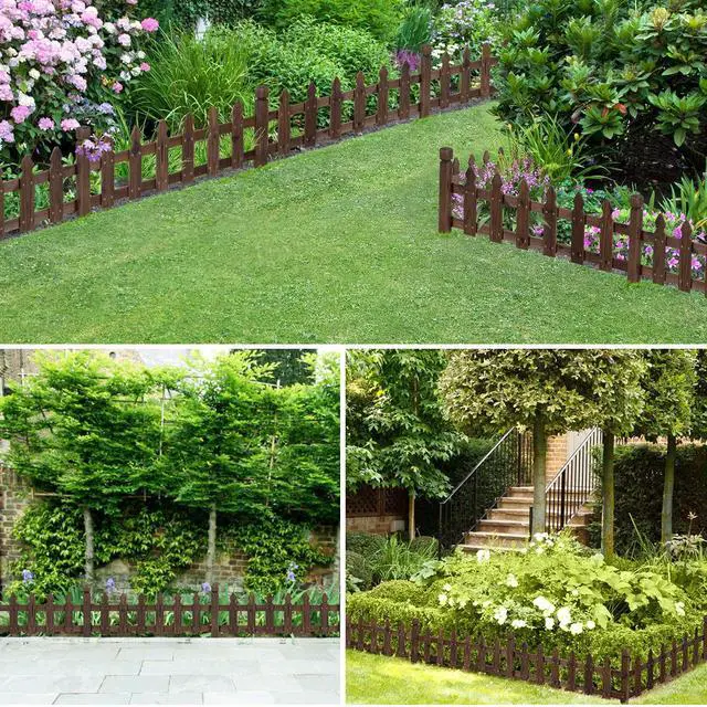Alt view image 6 of 6 - Decorative Garden Fence Edging Landscape Wood Picket Fencing Ornamental Panel Border Edging Patio Flower Garden Bed Pool Fences Outdoor Dark Brown- 355 in