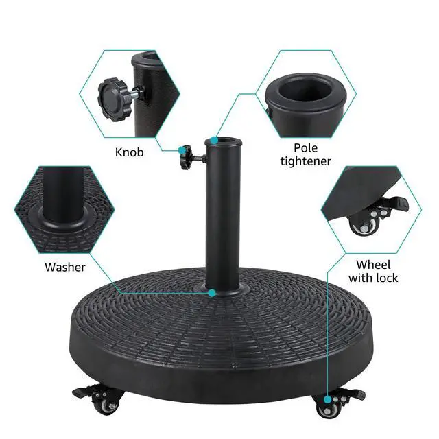 Alt view image 2 of 6 - Patio Umbrella Base, Heavy-Duty Stand Resin Weights with Wheels for Outdoor Market Umbrella, 52lbs, Black