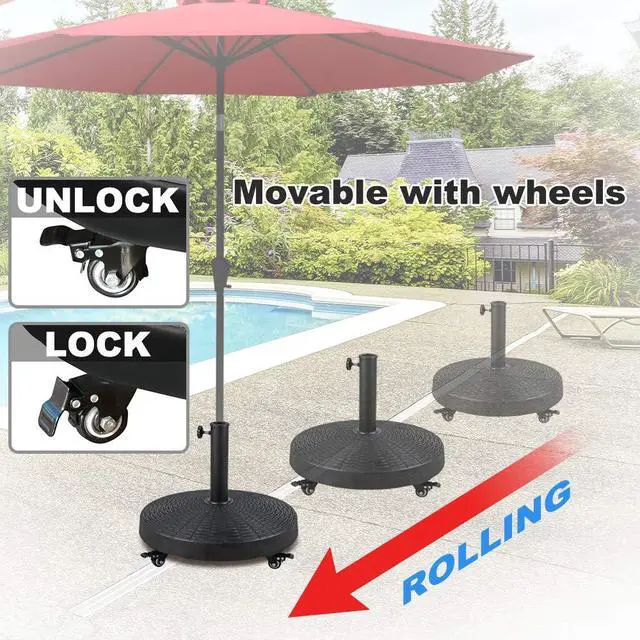 Alt view image 3 of 6 - Patio Umbrella Base, Heavy-Duty Stand Resin Weights with Wheels for Outdoor Market Umbrella, 52lbs, Black