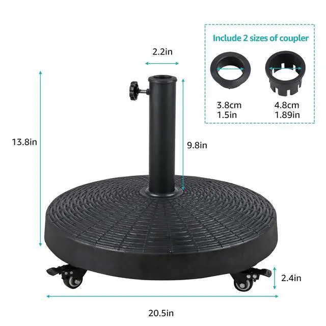 Alt view image 5 of 6 - Patio Umbrella Base, Heavy-Duty Stand Resin Weights with Wheels for Outdoor Market Umbrella, 52lbs, Black