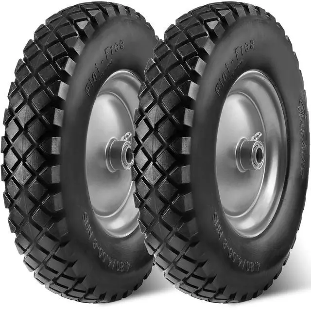 Main image of Wheelbarrow Tires 4.80 4.00-8 Flat-Free 4.80/4.00-8 Tire and Wheel w/Grease Fitting, 3" Centered Hub, 3/4" Bearings, 4.80 4.00-8 Tire for Hand Truck, Trolley, Garden Cart, Wagons, Gray