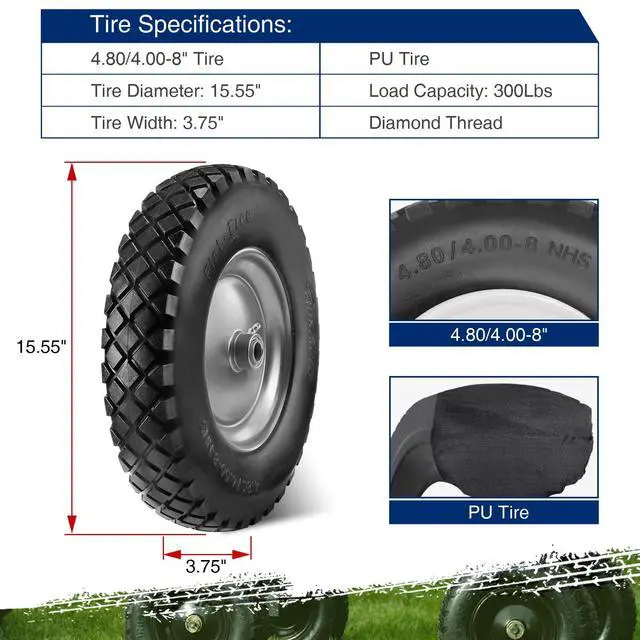 Alt view image 2 of 6 - Wheelbarrow Tires 4.80 4.00-8 Flat-Free 4.80/4.00-8 Tire and Wheel w/Grease Fitting, 3" Centered Hub, 3/4" Bearings, 4.80 4.00-8 Tire for Hand Truck, Trolley, Garden Cart, Wagons, Gray