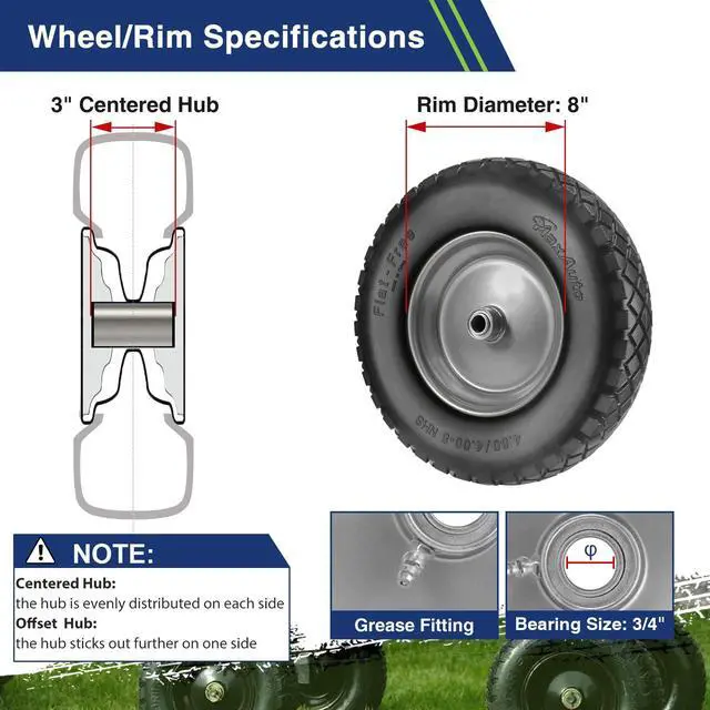 Alt view image 3 of 6 - Wheelbarrow Tires 4.80 4.00-8 Flat-Free 4.80/4.00-8 Tire and Wheel w/Grease Fitting, 3" Centered Hub, 3/4" Bearings, 4.80 4.00-8 Tire for Hand Truck, Trolley, Garden Cart, Wagons, Gray