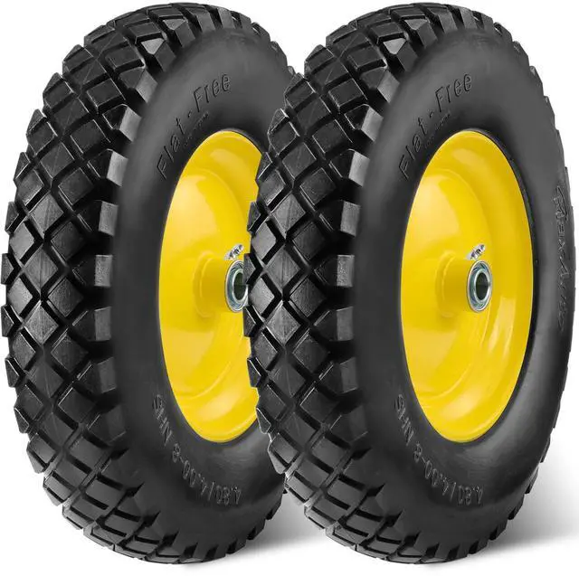 Main image of 4.80 4.00-8 Wheelbarrow Tires 4.80/4.00-8 Flat-Free Tire and Wheel 16 Inch Solid Tires w/Grease Fitting, 3" Centered Hub, 3/4" Bearings, Tire for Hand Truck Trolley Garden Cart Wagon, Yellow