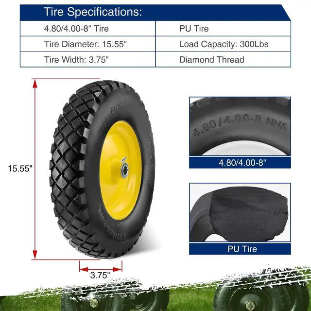 Alt view image 2 of 6 - 4.80 4.00-8 Wheelbarrow Tires 4.80/4.00-8 Flat-Free Tire and Wheel 16 Inch Solid Tires w/Grease Fitting, 3" Centered Hub, 3/4" Bearings, Tire for Hand Truck Trolley Garden Cart Wagon, Yellow