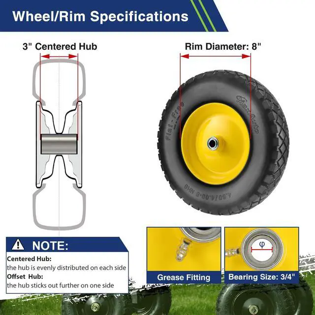 Alt view image 3 of 6 - 4.80 4.00-8 Wheelbarrow Tires 4.80/4.00-8 Flat-Free Tire and Wheel 16 Inch Solid Tires w/Grease Fitting, 3" Centered Hub, 3/4" Bearings, Tire for Hand Truck Trolley Garden Cart Wagon, Yellow