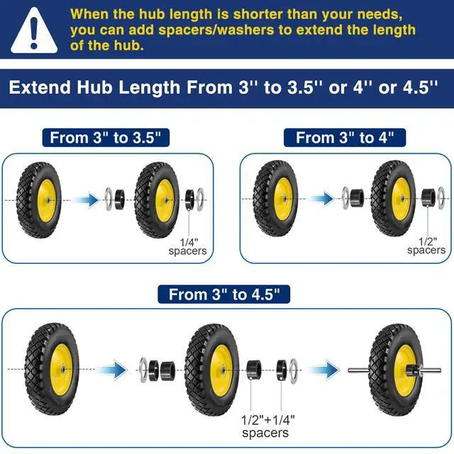 Alt view image 5 of 6 - 4.80 4.00-8 Wheelbarrow Tires 4.80/4.00-8 Flat-Free Tire and Wheel 16 Inch Solid Tires w/Grease Fitting, 3" Centered Hub, 3/4" Bearings, Tire for Hand Truck Trolley Garden Cart Wagon, Yellow