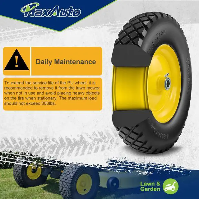 Alt view image 6 of 6 - 4.80 4.00-8 Wheelbarrow Tires 4.80/4.00-8 Flat-Free Tire and Wheel 16 Inch Solid Tires w/Grease Fitting, 3" Centered Hub, 3/4" Bearings, Tire for Hand Truck Trolley Garden Cart Wagon, Yellow