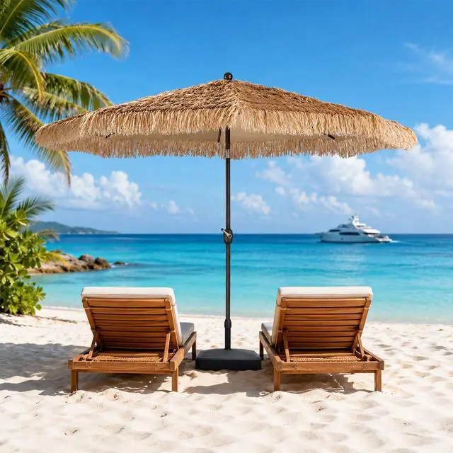 Main image of 9FT Thatch Patio Umbrella, Tiki Style Outdoor Umbrella with Crank Lift for Poolside, Backyard, Beach - Natural Straw Look (No Base)