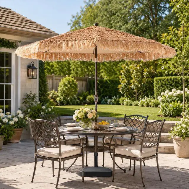 Alt view image 3 of 6 - 9FT Thatch Patio Umbrella, Tiki Style Outdoor Umbrella with Crank Lift for Poolside, Backyard, Beach - Natural Straw Look (No Base)