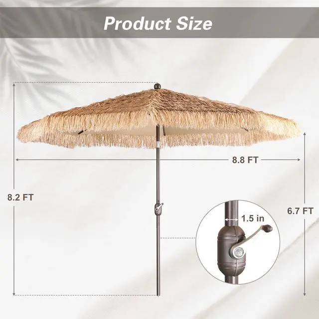 Alt view image 4 of 6 - 9FT Thatch Patio Umbrella, Tiki Style Outdoor Umbrella with Crank Lift for Poolside, Backyard, Beach - Natural Straw Look (No Base)