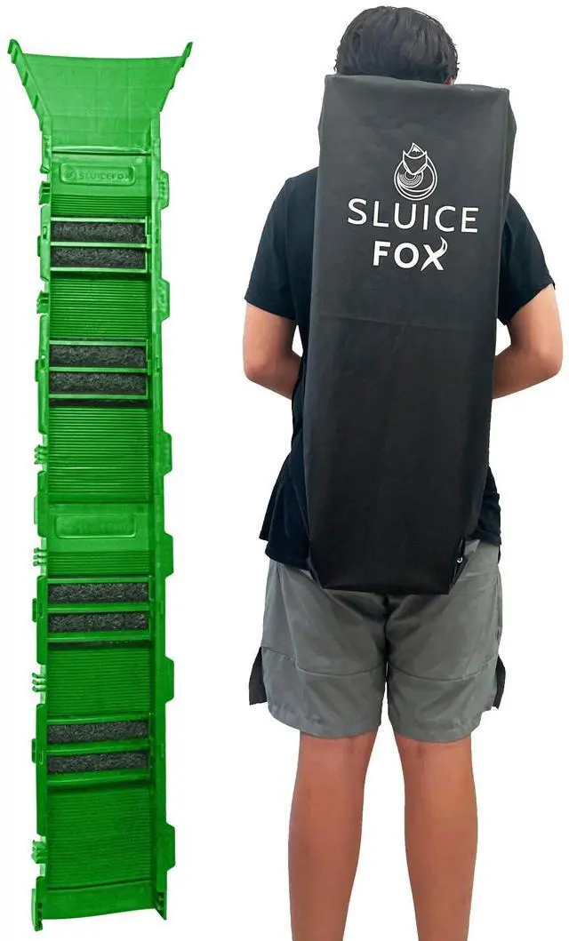 Main image of Portable Expandable Sluice Box for Gold Mining and Prospecting; Includes Miner's Moss, Hungarian Style riffles, and deep V riffles. Essential Tool for Gold panning Kits