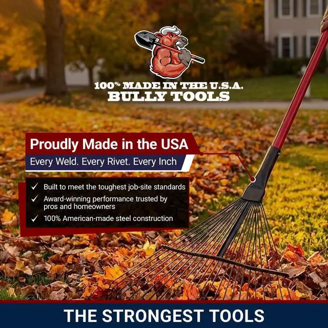Alt view image 2 of 6 - 24-Tine Thatching Garden Rake for Leaves | Heavy Duty Metal Leaf Rake | Dethatching Large Leaves and Yard Debris, 23.5" Wide 68" Fiberglass Long Handle Rakes for Gardening 100% Made in USA