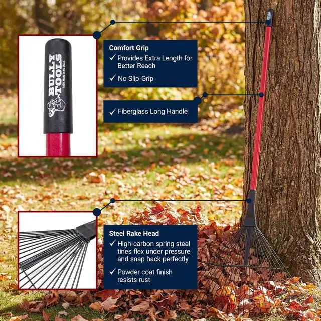Alt view image 3 of 6 - 24-Tine Thatching Garden Rake for Leaves | Heavy Duty Metal Leaf Rake | Dethatching Large Leaves and Yard Debris, 23.5" Wide 68" Fiberglass Long Handle Rakes for Gardening 100% Made in USA
