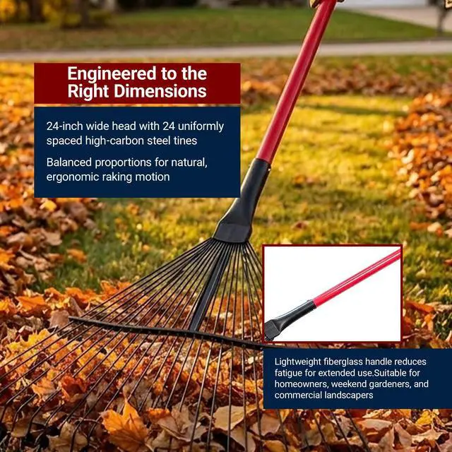 Alt view image 4 of 6 - 24-Tine Thatching Garden Rake for Leaves | Heavy Duty Metal Leaf Rake | Dethatching Large Leaves and Yard Debris, 23.5" Wide 68" Fiberglass Long Handle Rakes for Gardening 100% Made in USA