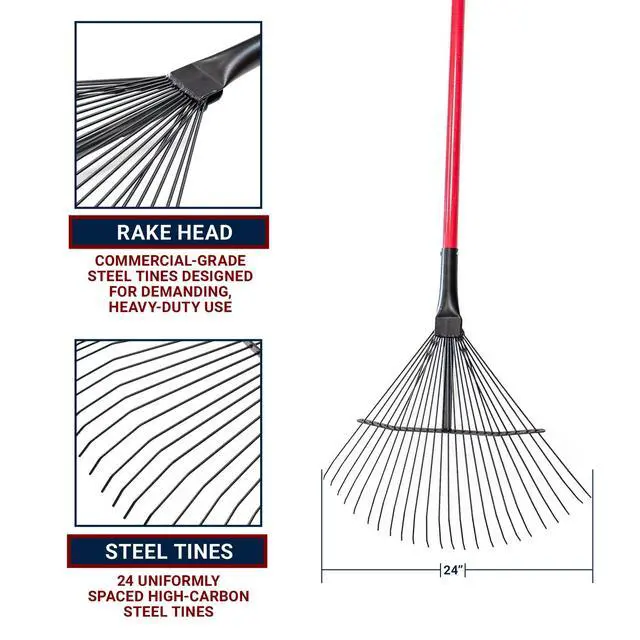 Alt view image 5 of 6 - 24-Tine Thatching Garden Rake for Leaves | Heavy Duty Metal Leaf Rake | Dethatching Large Leaves and Yard Debris, 23.5" Wide 68" Fiberglass Long Handle Rakes for Gardening 100% Made in USA