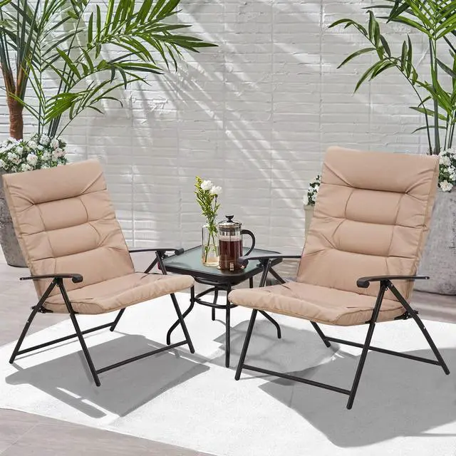 Main image of 3 Pieces Patio Padded Folding Chair, Outdoor Adjustable Reclining Lounge Chairs with Tempered Glass Table (Beige)