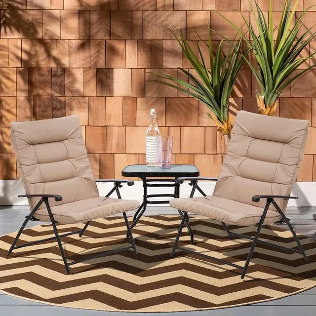 Alt view image 2 of 6 - 3 Pieces Patio Padded Folding Chair, Outdoor Adjustable Reclining Lounge Chairs with Tempered Glass Table (Beige)