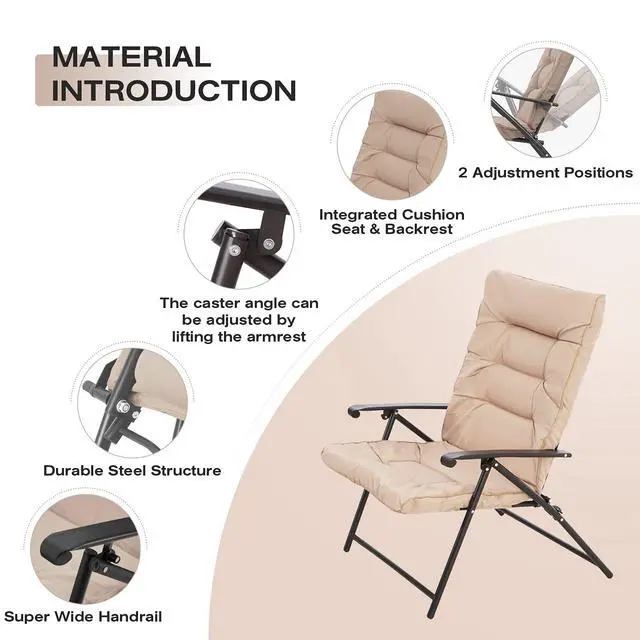 Alt view image 3 of 6 - 3 Pieces Patio Padded Folding Chair, Outdoor Adjustable Reclining Lounge Chairs with Tempered Glass Table (Beige)