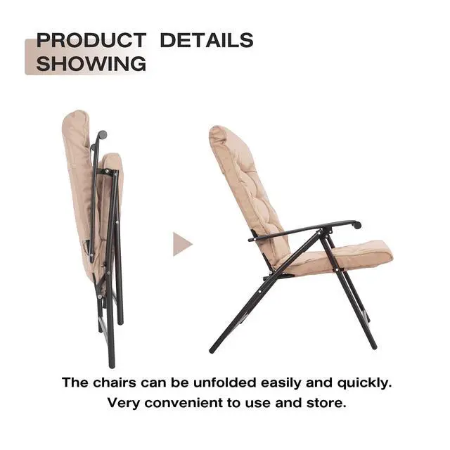 Alt view image 4 of 6 - 3 Pieces Patio Padded Folding Chair, Outdoor Adjustable Reclining Lounge Chairs with Tempered Glass Table (Beige)