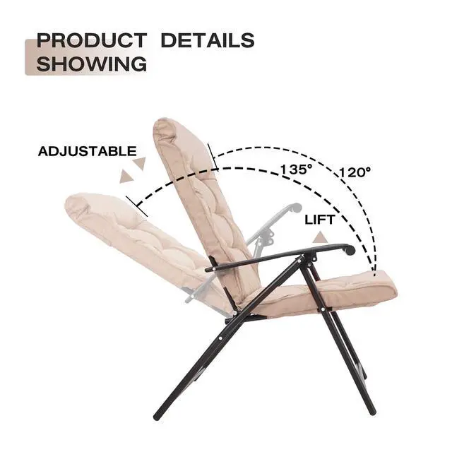 Alt view image 5 of 6 - 3 Pieces Patio Padded Folding Chair, Outdoor Adjustable Reclining Lounge Chairs with Tempered Glass Table (Beige)